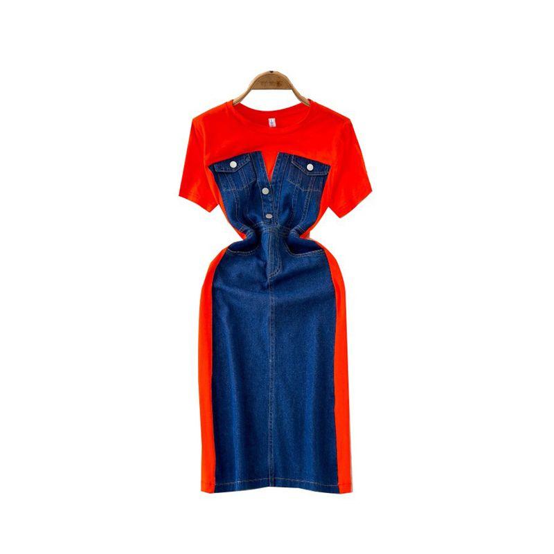 Internet Celebrity Niche Style Patchwork Denim Dress round Neck Short Sleeve