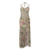 Fashion Sexy Waist Imitation Fishbone Tie-Dyed Sling Dress Women's Autumn Stylish Ruched Floral Print Slit Dress