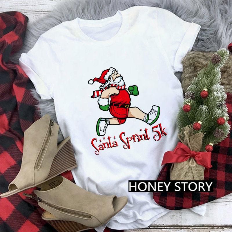 Casual Cute Cartoon Christmas Santa Graphic Female T-Shirt 90S Funny Summer Tees Loose White Blouse Short Sleeve O-Neck Crop Top