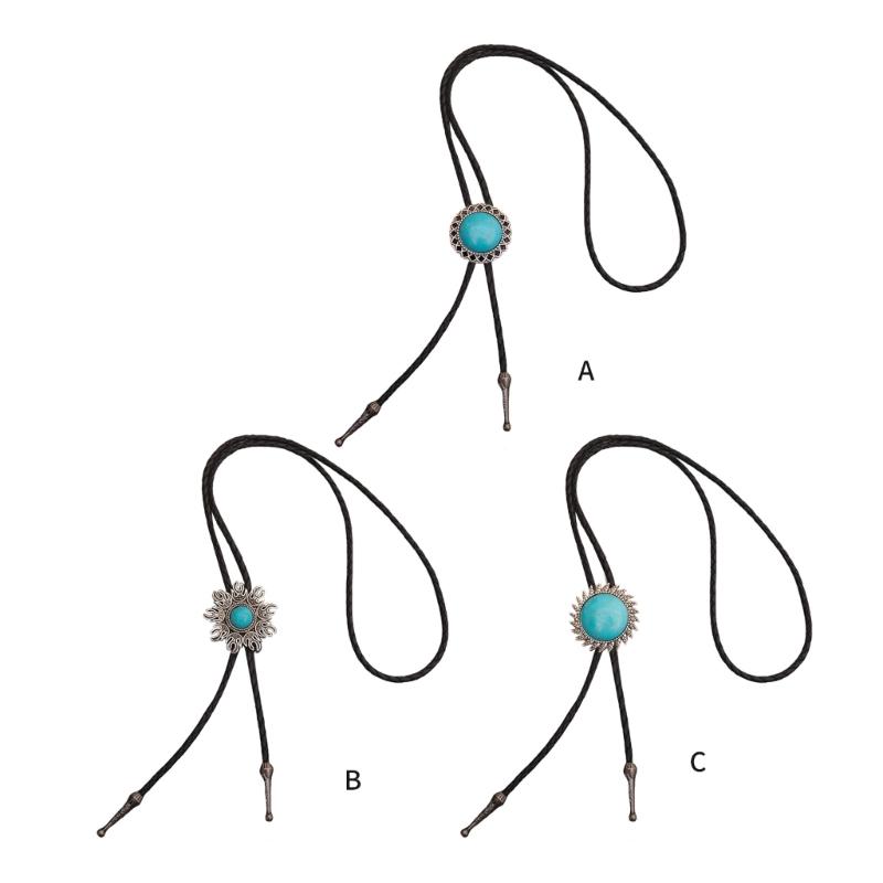 Bolo Tie for Women Men Western Bolo Tie Vintage Metal Flower Trim Stone Pendant Faux Leather Rope Necktie Tie Necklace