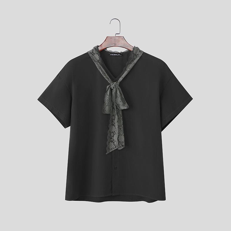 

INCERUN Summer Men Lace Tie Up Short Sleeve Casual Oversized Shirts 3XL чёрный