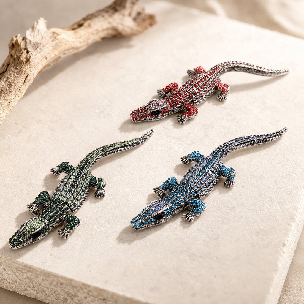 Crocodile Brooch Pin With Water Diamond Decoration For Men And Women