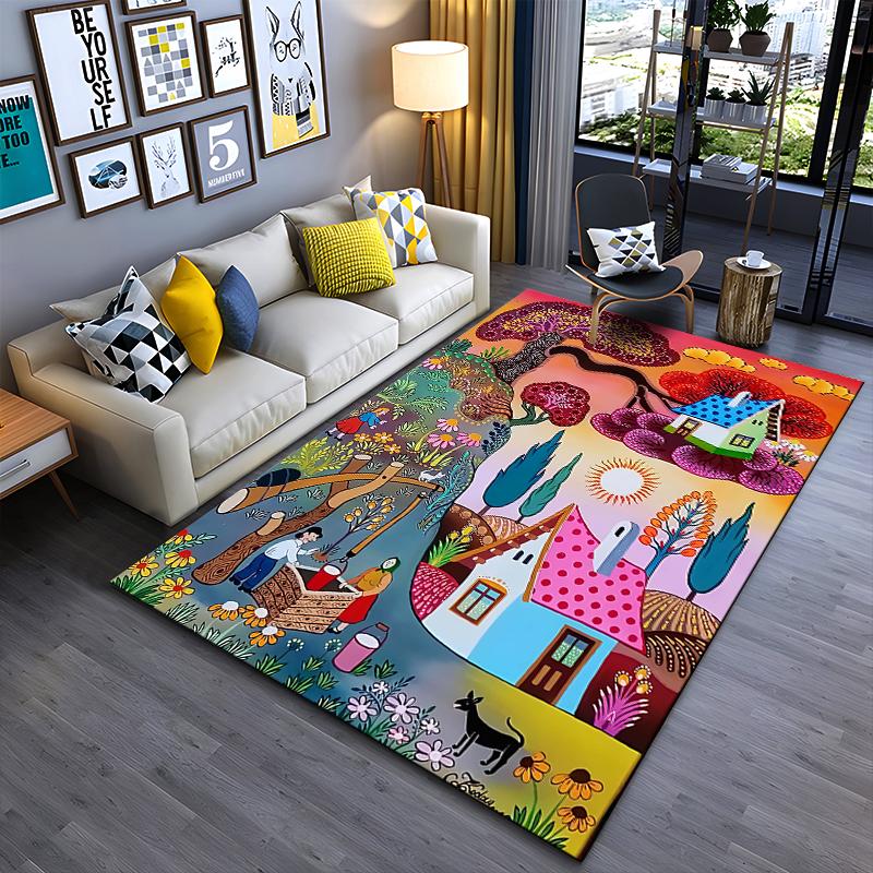 Bunter Zeichentrick-Dorfszene-Teppich mit Häusern, Bäumen und Tieren Geeignet für den Einsatz als Antirutsch-Matte für Wohnzimmer, Schlafzimmer, Sofas