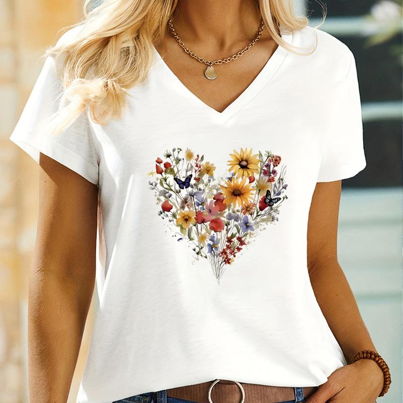 

Beautiful Heart Shaped Bouquet Print T Shirt Women Short Sleeve Tops Vintage Butterfly Little Daisy Design Korean VNeck TShirt S