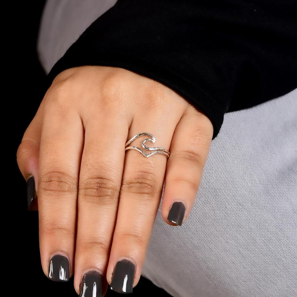 Wave Swirl Sterling Silver Open Ring, 925 Silver Minimalist Adjustable Ring, Handmade Ocean Inspired Statement Ring Gift for Her