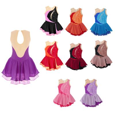 Kids Girls Sleeveless Figure Skating Dress Shiny Rhinestone Ballet Gymnastics Dance Leotard Stage Performance Costume