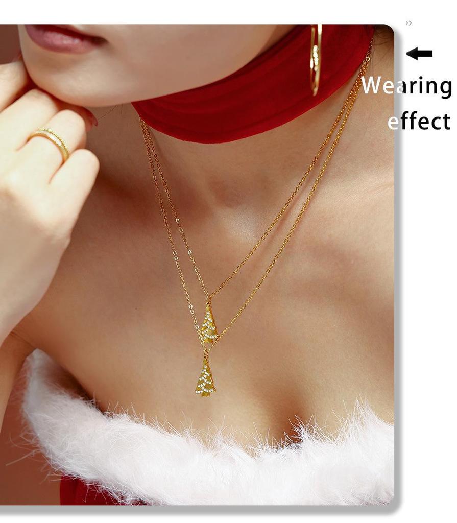 Xinyixin Christmas Tree Zircon Clavicle Necklace, Stainless Steel PVD Gold, Romantic Gift for Girlfriend