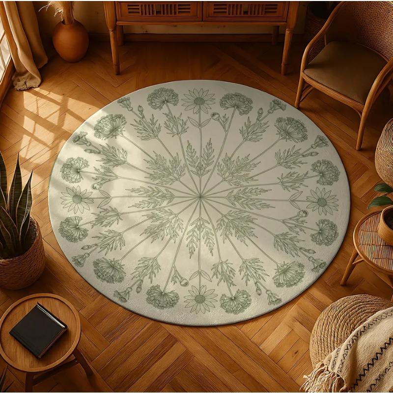 Simple Chinese Style Round Carpet Retro Floral Printed Rug Living Room Dressing Room Bedroom Non Slip Floor Mat Home Decoration