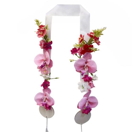 Floral Graduation Stole Handmade Custom Floral Belt with Realistic Faux Silk Flowers Phalaenopsis Roses Dahlias Personalized Engraved Tags Unique Grad