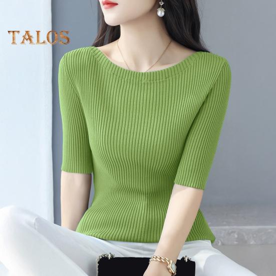 Women Tops Slim Fit Solid Color Ribbed T-Shirt Round Neck Half Sleeve Elastic Pullover Tops Daily Wear
