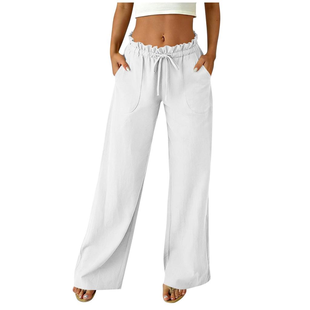Women's Casual Relaxed Fit High-Waisted Belted Pocket Cotton-Linen Blend Trousers