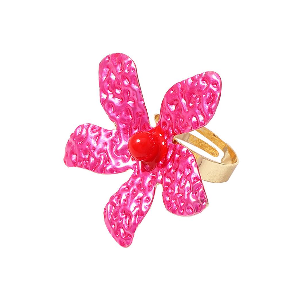 Exaggerated Metal Texture Large Flower Rings for Women Ladies Colorful Drop Oil Adjustable Rings Vacation Jewelry Accessories
