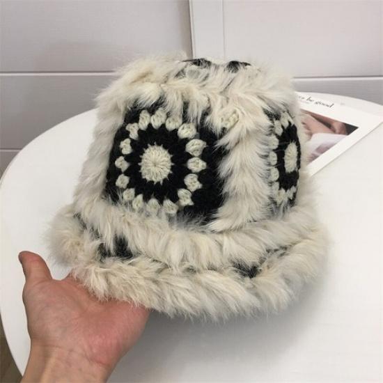 Lady Winter Knitted Fur Bucket Hat Bush Cap Beanie Warm Ethnic Crochet Cute Hat чёрный