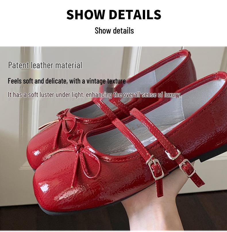 In Stock Rockfish Patent Leather Mary Jane Ballet Flats with Double Strap Bow - Women's Round Toe Low-Cut Shoes