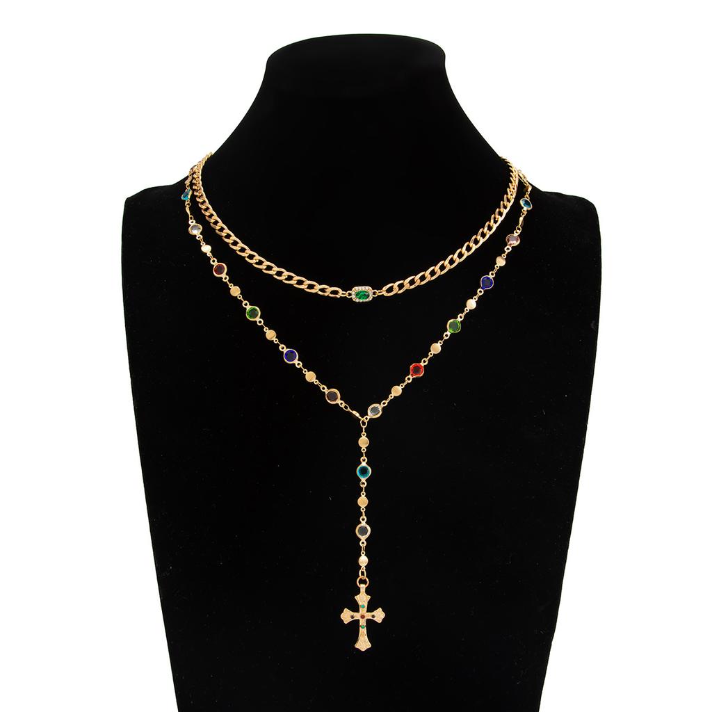 Layered INS Colorful Diamond Tassel Cross Pendant Necklace Fashion Metal Chain Clavicle Jewelry for Women Men Unisex Streetwear Accessory