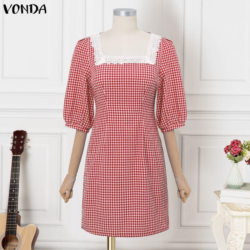 VONDA Women Square Collar 3/4 Sleeve Lace Hem Casual Plaid Mini Dress