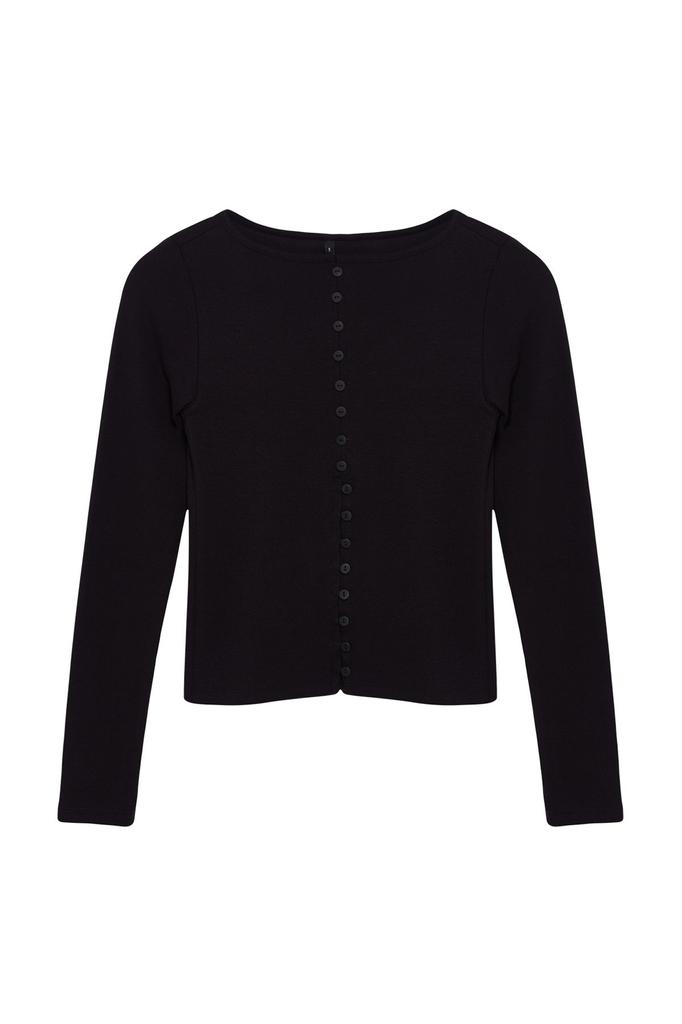 Women's Fashion Black Button Detailed Crew Neck Ribbed Flexible Regular Length Knitted Blouse