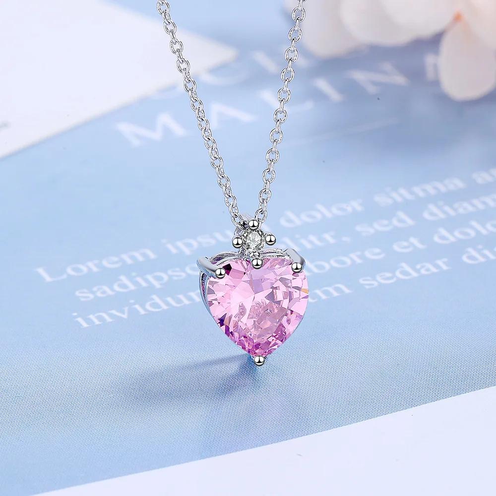S925 Silver Simple And Fashionable Diamond Heart-Shaped Pink Pendant Clavicle Chain Necklace (40cm +5.0cm) серебряный