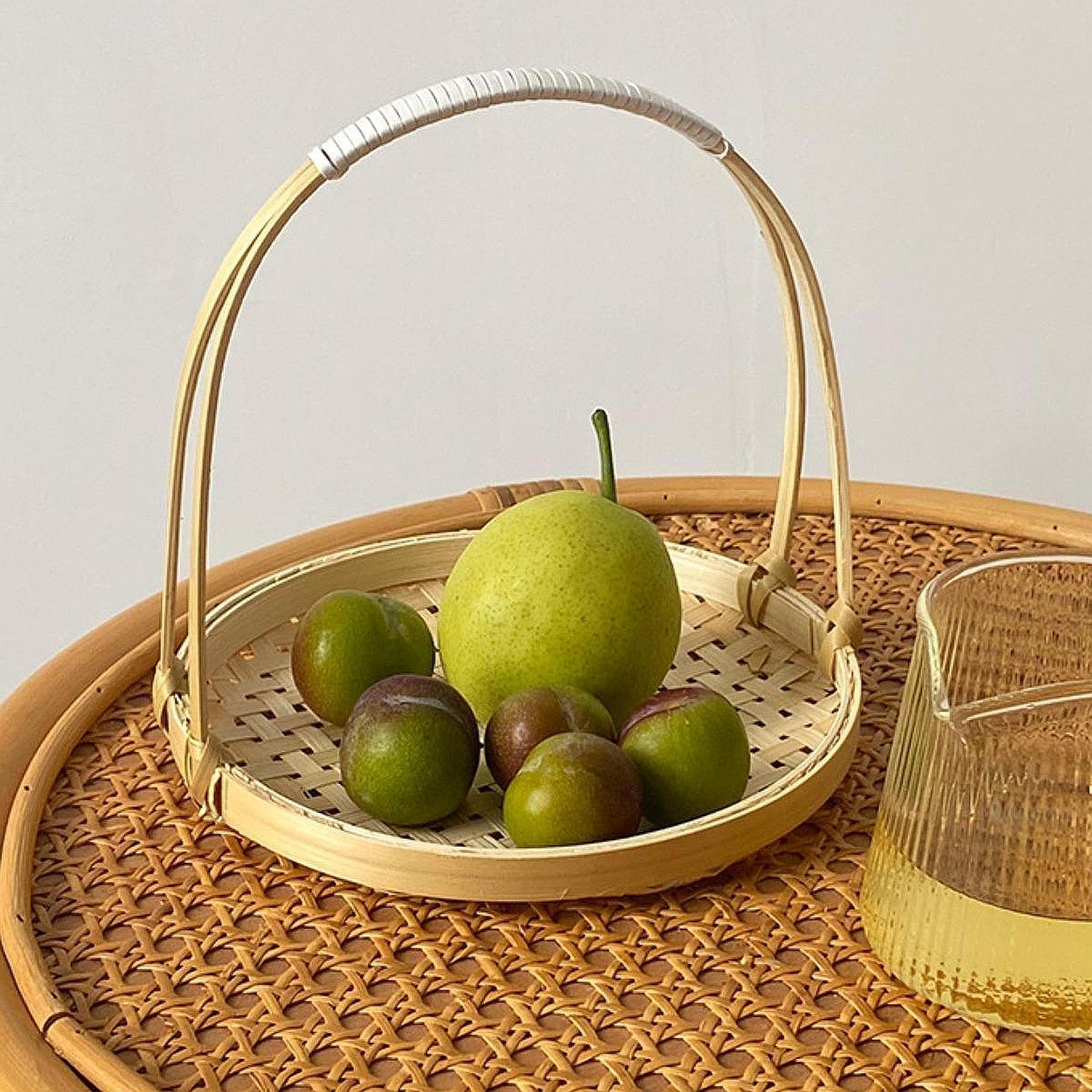 

Корзина для фруктов, плетеная вручную, поднос из бамбука с ручкой, органайзер для еды в деревенском стиле S