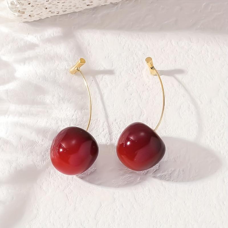 Elegant Vintage-Inspired Cherry Drop Earrings Long Stem, Resin Crafted with Golden Hook & Post, Cherry-Themed Design Versatile Jewelry