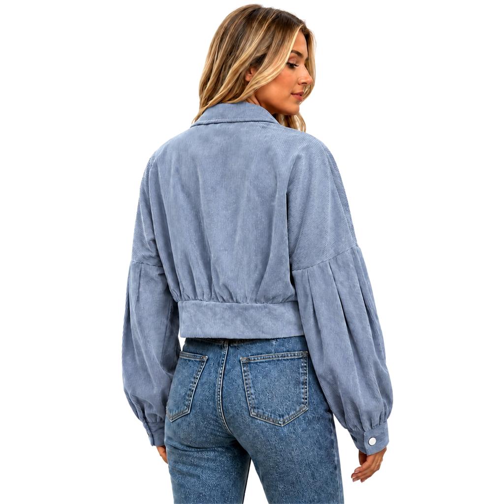 Women's Short Corduroy Jacket with Sleeves, Loose Fit