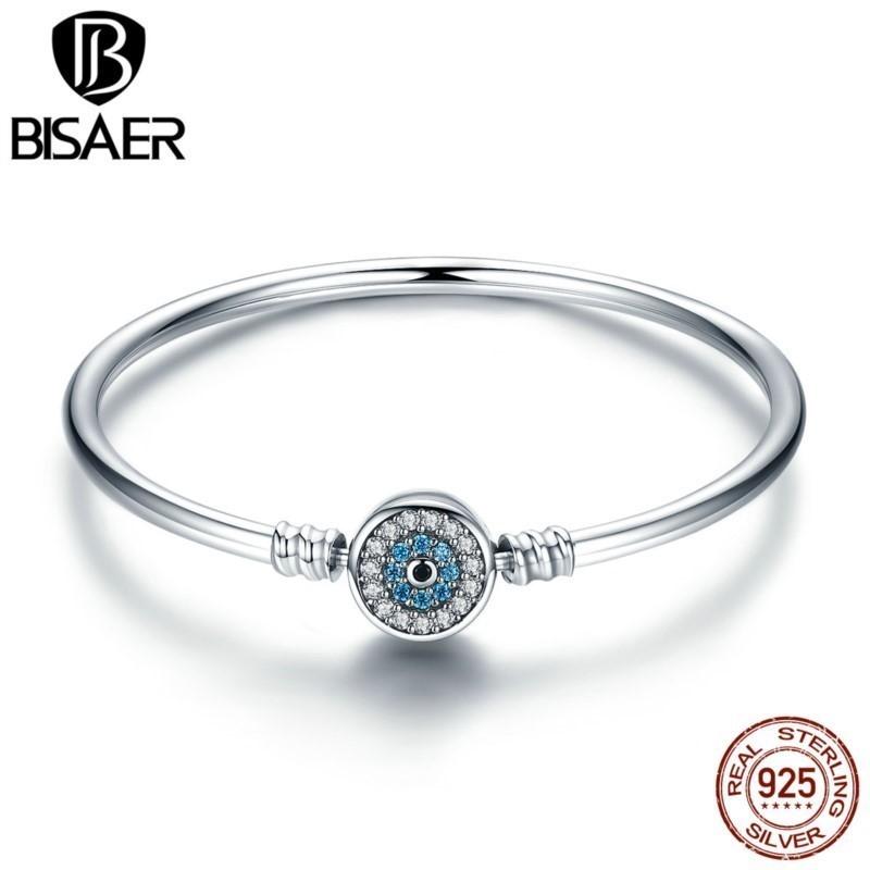 BISAER 925 Silver Demon Eye Bracelets Blue Evil Eyes Bangles Pave Setting Zircon 17-21CM for Women Party Fine Jewelry