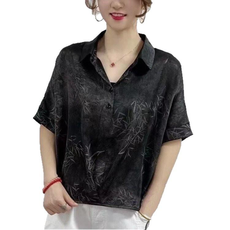 2026 Summer Chic Women's Short-Sleeve Lapel Blouse - Loose, Thin Jacquard Top for Middle-Aged Women