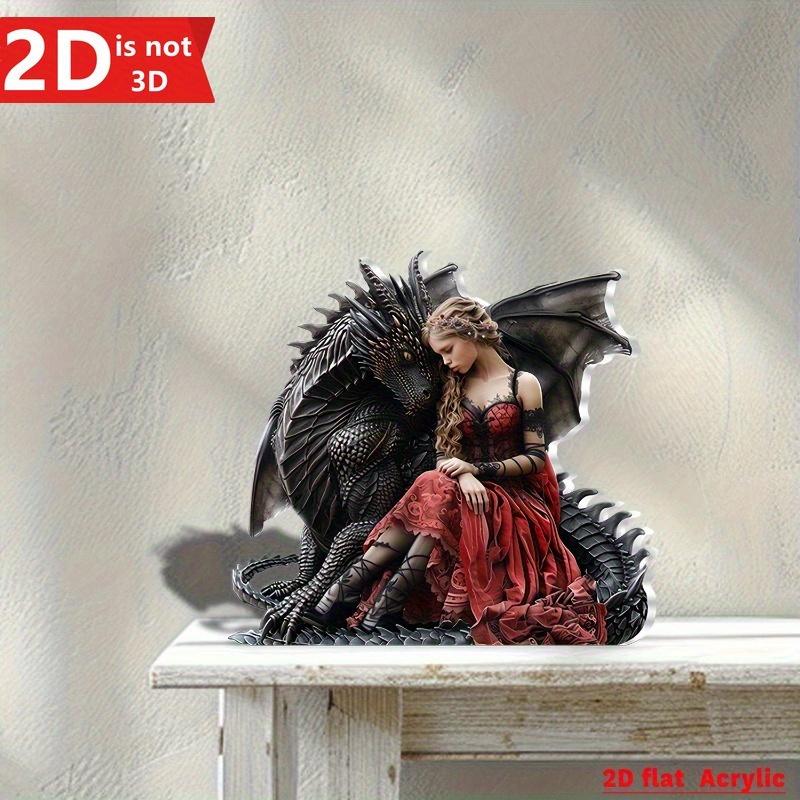 

2D Fantasy Plaque: Elegant lace fairy & dragon knight. Perfect decor for room, cafe, or office. чистый