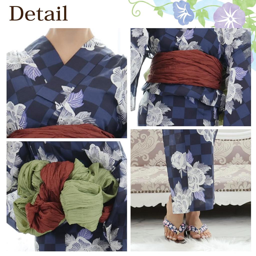 Yukata Checkered Beautiful Japanese Heiko Thong Geta One Size Fits Most [RAVIR] Women's 3-piece Set, Pattern, Peonies, Noble, Clothing, Fluffy, Obi,