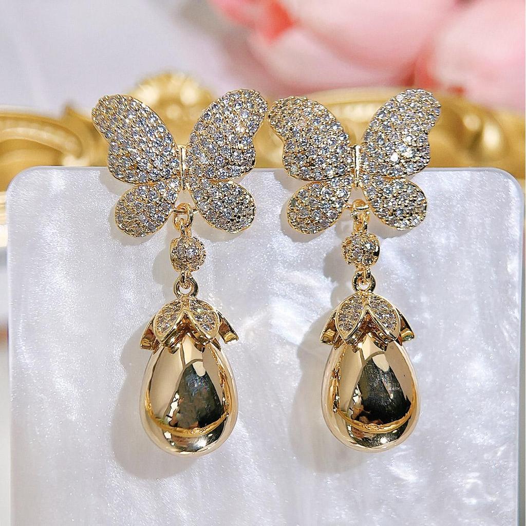 CMM Palace Style Hollow Design Zircon Butterfly Water Drop Artificial Pearl Pendant Earrings Wild Bride Wedding Party Accessories
