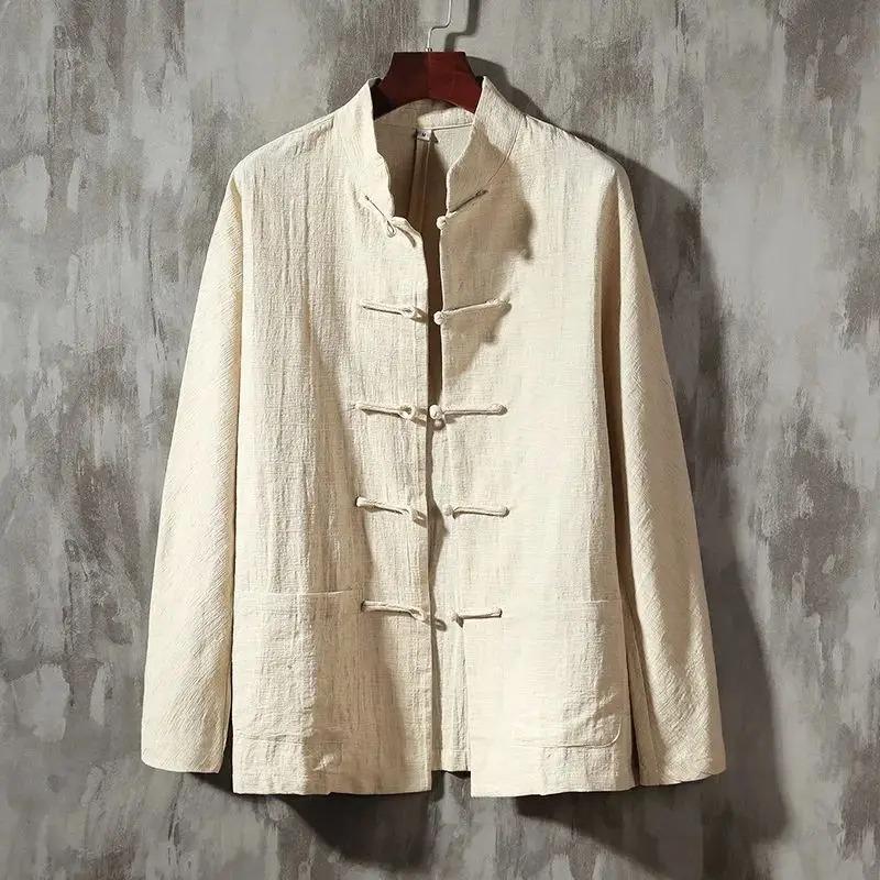 Men Linen Kungfu Cheongsam Top Hanfu Tang Suit Chinese Shirt Style Jacket Collar Traditional Chinese Clothing for Men