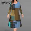 Womens Plus Size Geometry Striped Print Dresses Autumn Casual Long Sleeve A-Line Dresses Oversized Loose Female Clothing