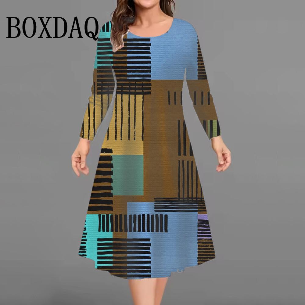 Womens Plus Size Geometry Striped Print Dresses Autumn Casual Long Sleeve A-Line Dresses Oversized Loose Female Clothing