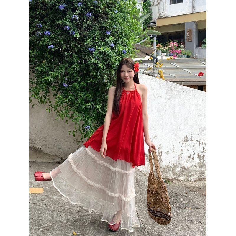 Kumikumi Gentle Sweet Girl Set Red Hanging Neck Cami Women Clothes Summer Mesh Skirt Two-piece Set