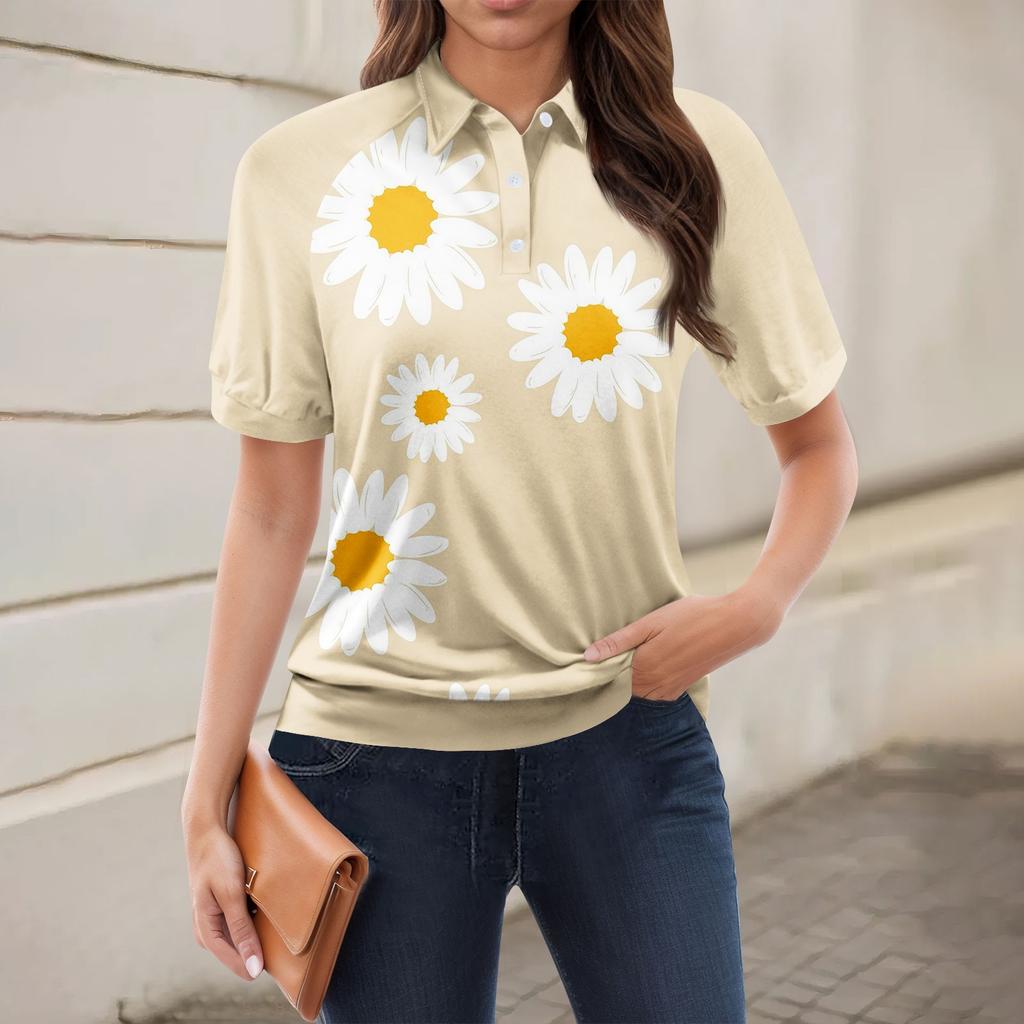 Kvinners uformelle blomstertrykk V-hals kortermet dekorativ knapp T-skjorte topp