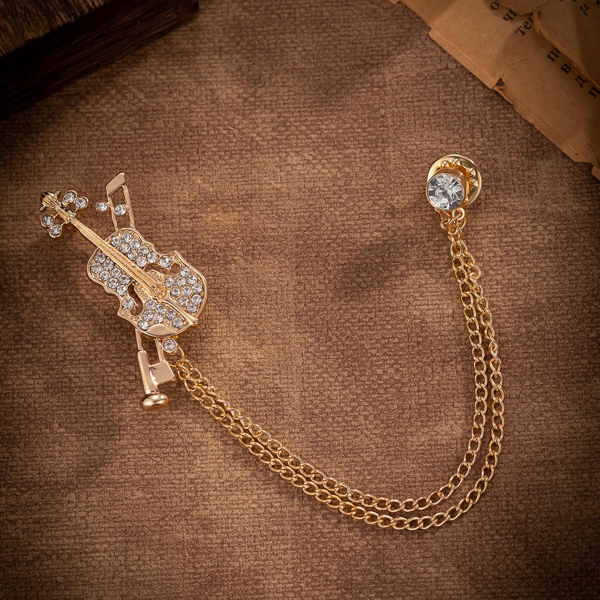 Men s Rhinestone Violin Brooch with Tassel Lapel Pin