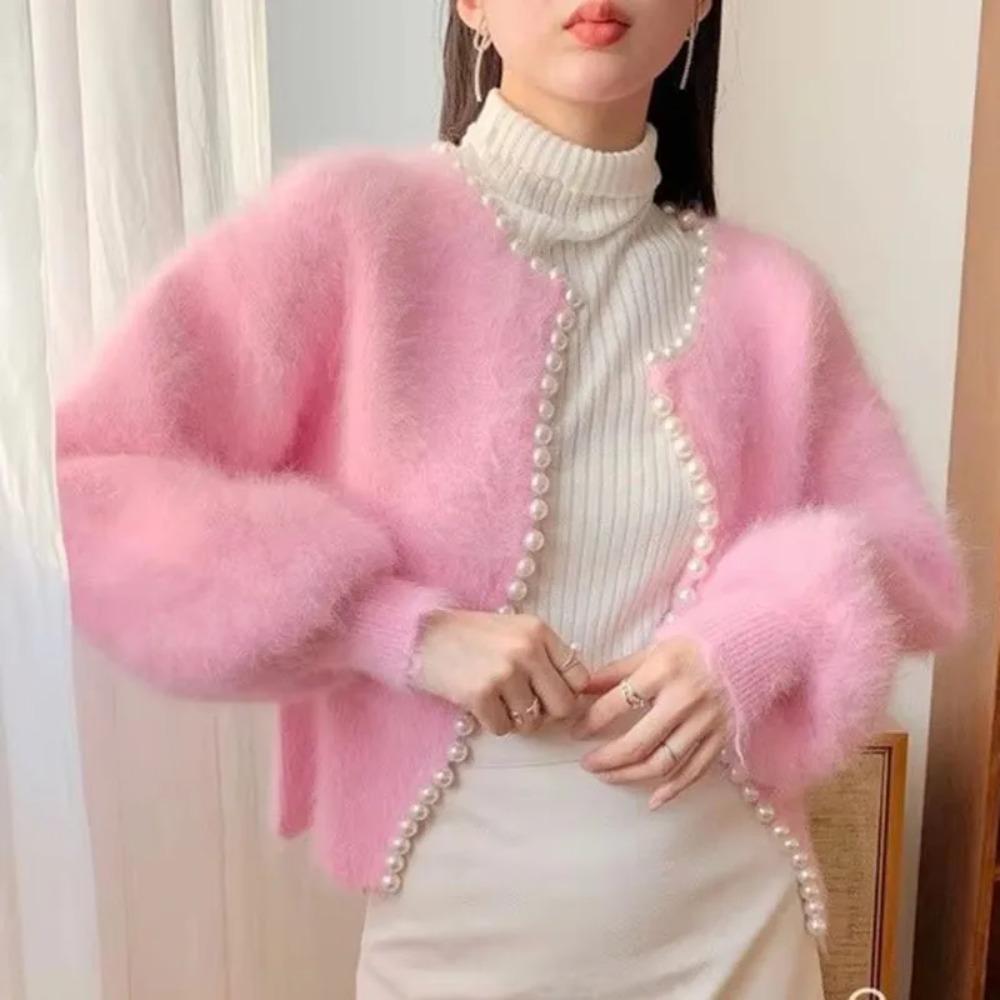 Fashion Ladies Pearl Knit Lantern Sleeves Imitation Mink Fleece Sweater Cardigan Jacket Women Outerwear