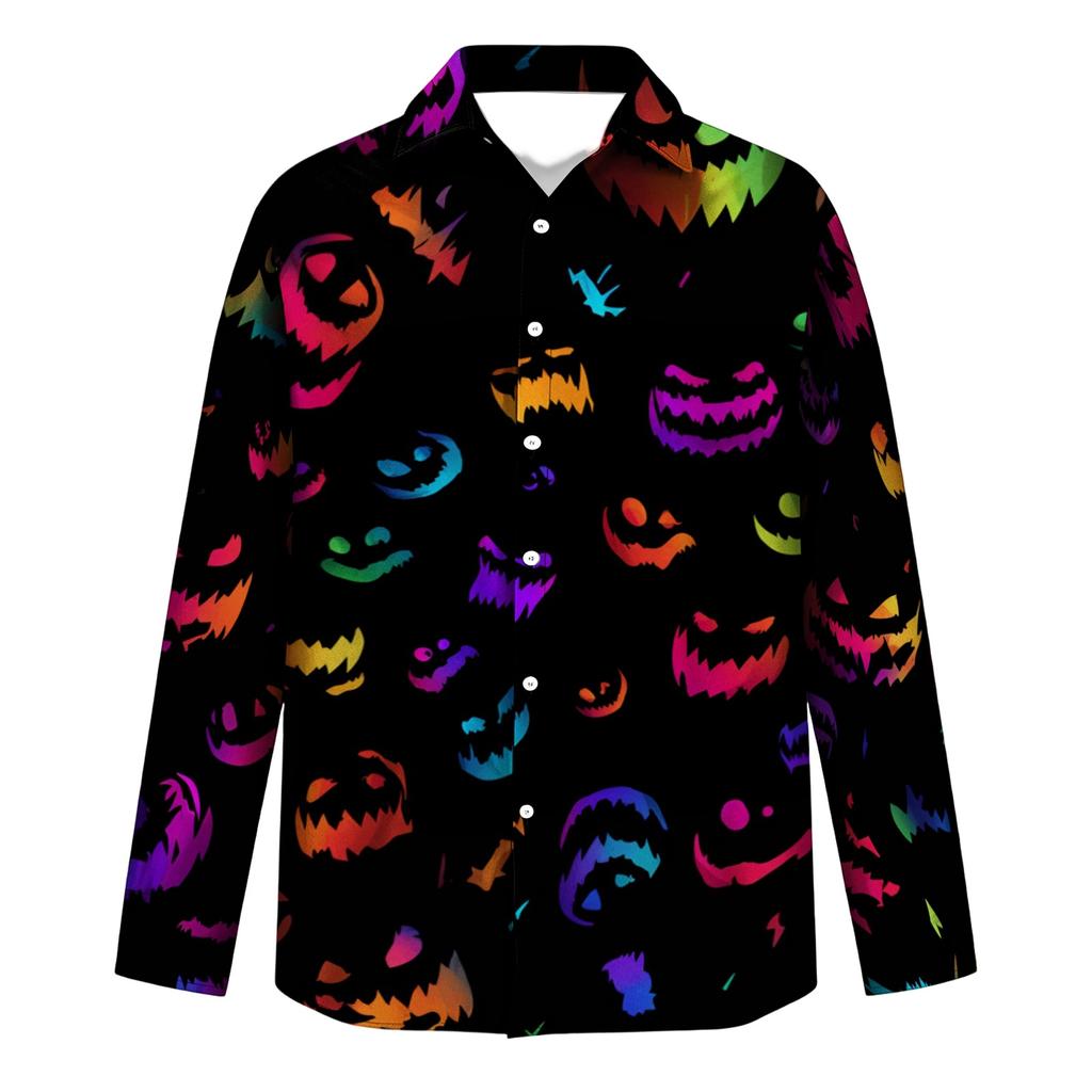 Men's Long Sleeve Button-Down Halloween Print Shirt for Casual Party Wear