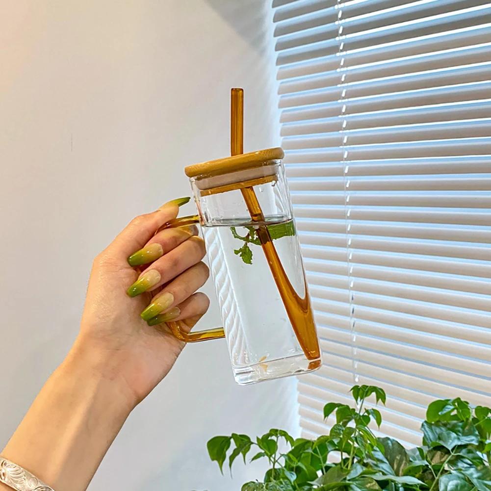 Microwave Safe Square Glass Cup 400Ml Transparent Glass Mug With Lid And Straw For Breakfast Coffee Milk Beer Party Use