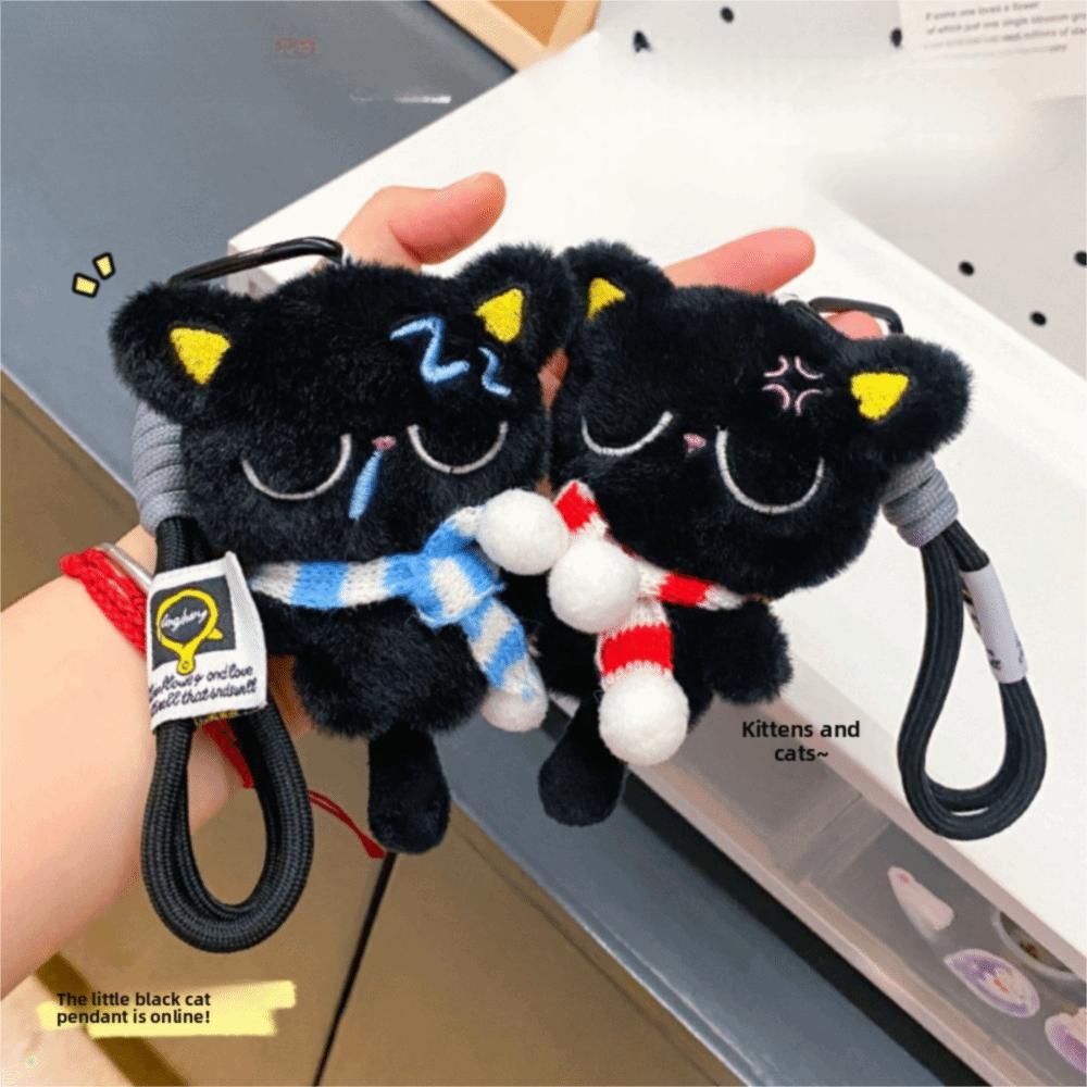Sleepy Black Cat Plush Keychain Soft Car Key Ring New Bag Charms School Bag Decoration