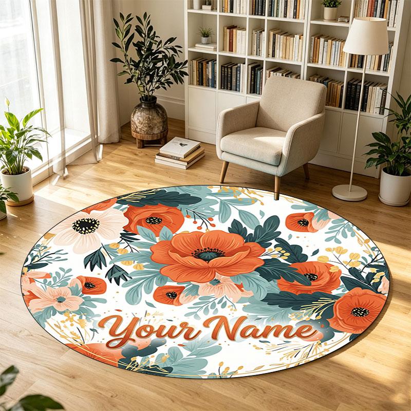 Fiori floreali (675) Tappeto Circolare in Velluto di Cristallo Personalizzabile con Nome e Testo Tappeto Morbido Rotondo per Pavimento per Decorazione Soggiorno Camera da Letto