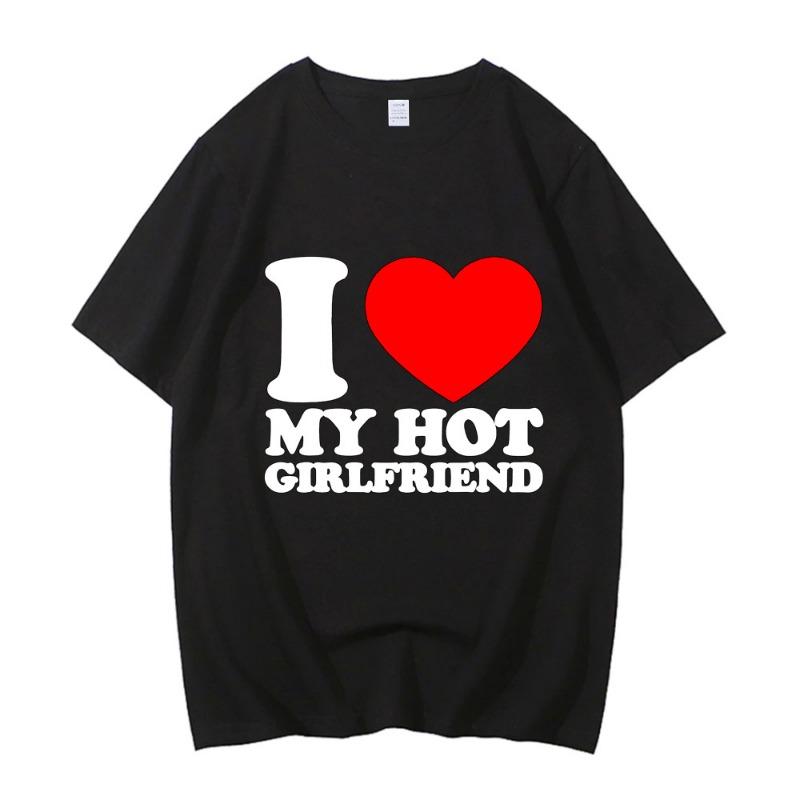 Koszulka z nadrukiem I Love My Boyfriend Kobiety Casual Okrągły dekolt Krótki rękaw Lato Odzież damska I Love My Girlfriend