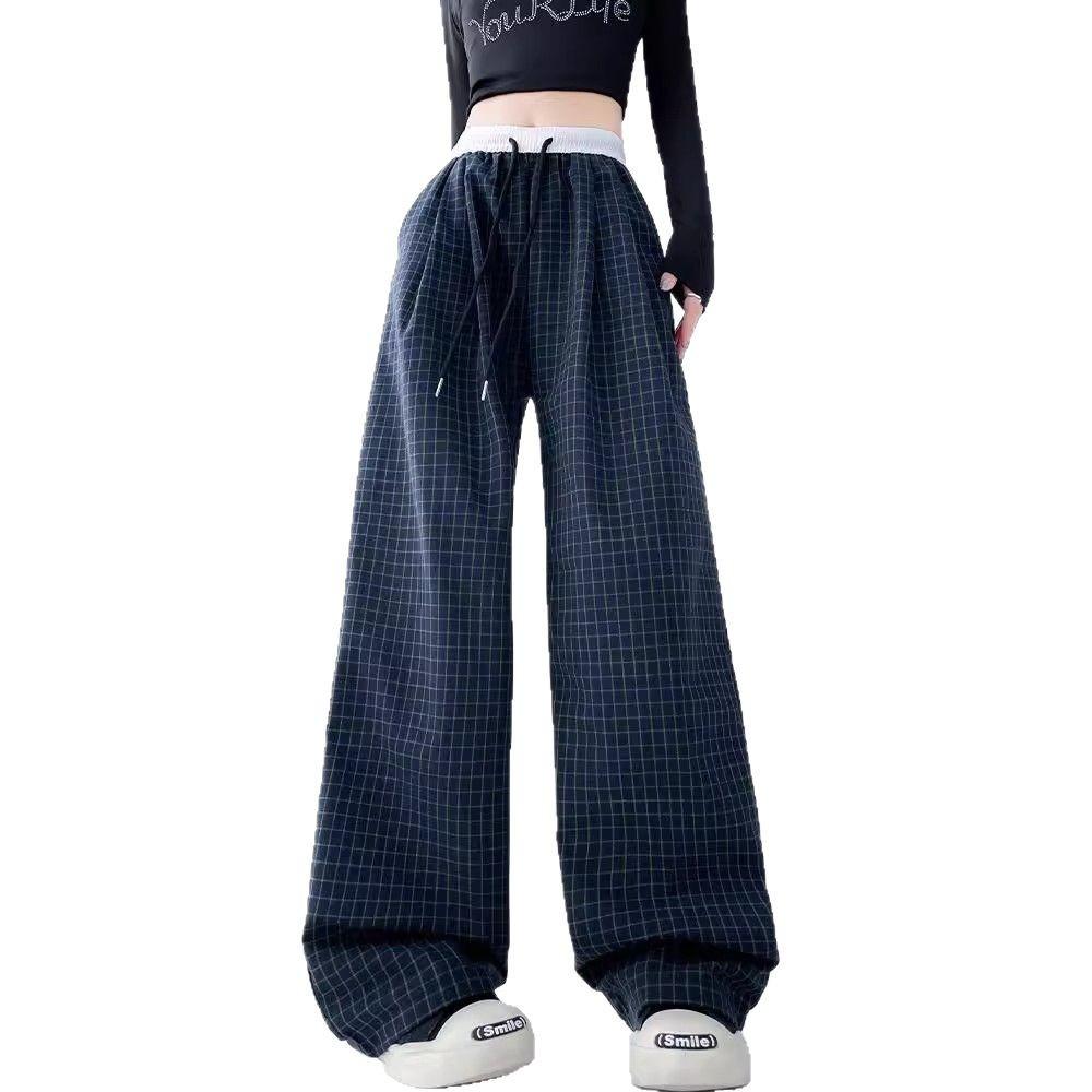 Damen High Waist Color Block Karomuster Weitbeinige Hosen für Frühling/Herbst - Lockere Passform, Kundenspezifische Länge, Gerades Bein, Casual-Stil