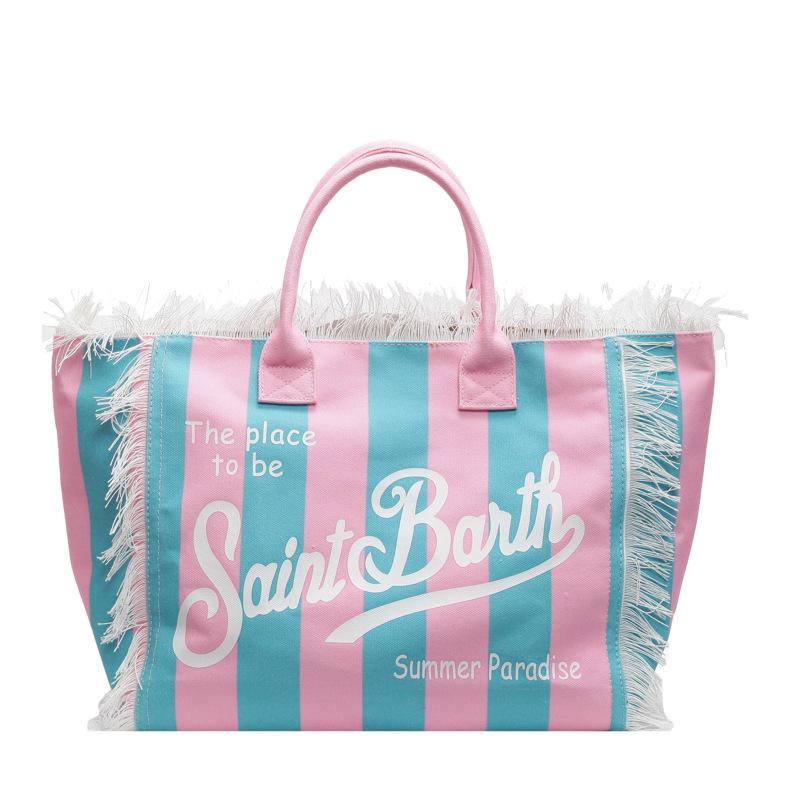 Bolsa de praia de lona com borla feita à mão para mulher, nova bolsa tote estampada, bolsa de ombro de grande capacidade