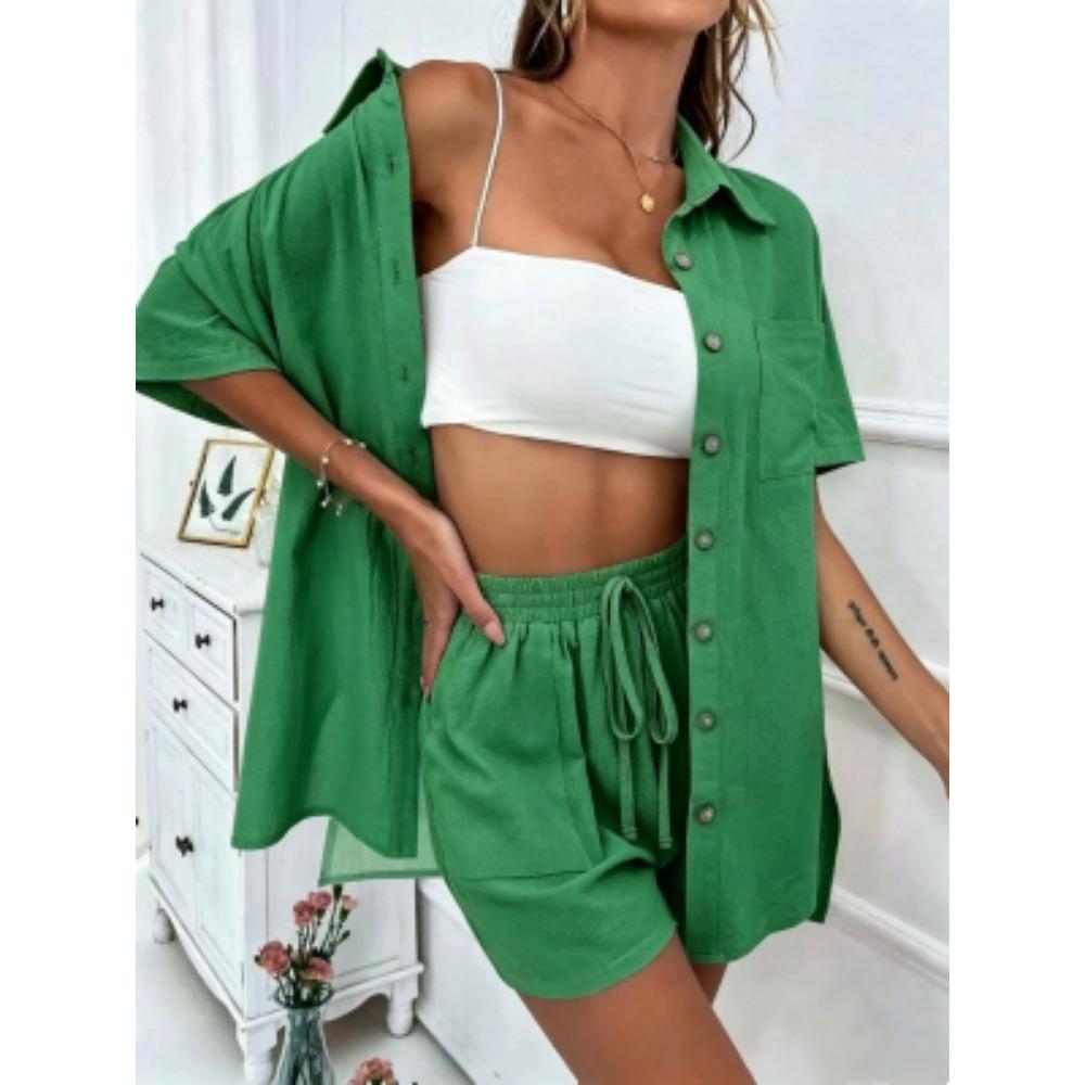 European American Outdoor Street Women s Shirt Shorts 2-piece Set Summer Women s Short Sleeved Shirt Shorts Home Vacation Casual Women s Set S