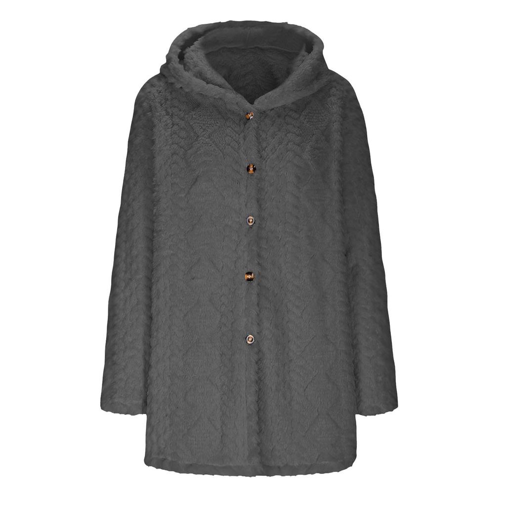 Women's Fashionable Solid Color Long Sleeved Loose Hooded Button Down Plush Jacket