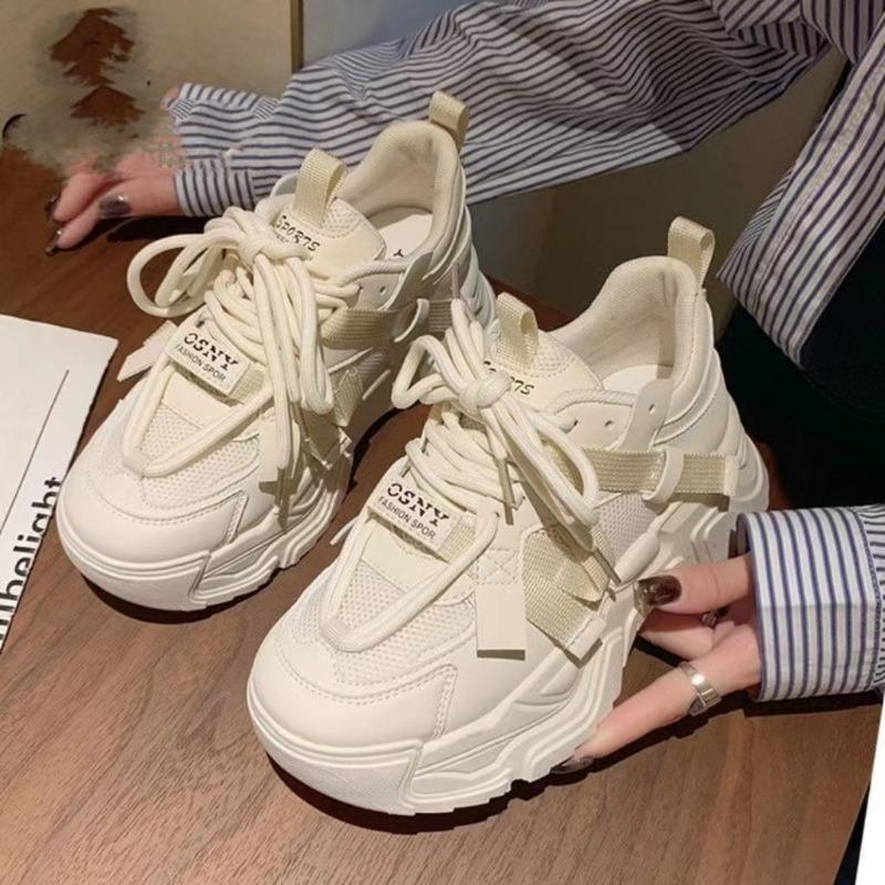 Spring and summer new mesh college style platform casual sports shoes round head lace-up heightening dad shoes women