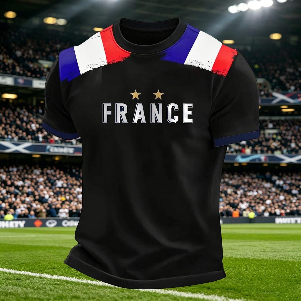 Men Crew Neck Short Sleeve Pullover T Shirt with Football Print Casual Fit Top for Sports and Fans France Theme