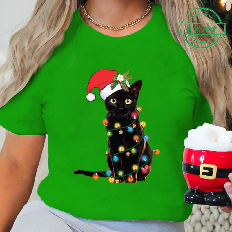 Summer Round Neck 3D Christmas Black Cat Pattern Print Top Fashionable Casual Short Sleeved Women's T-shirts