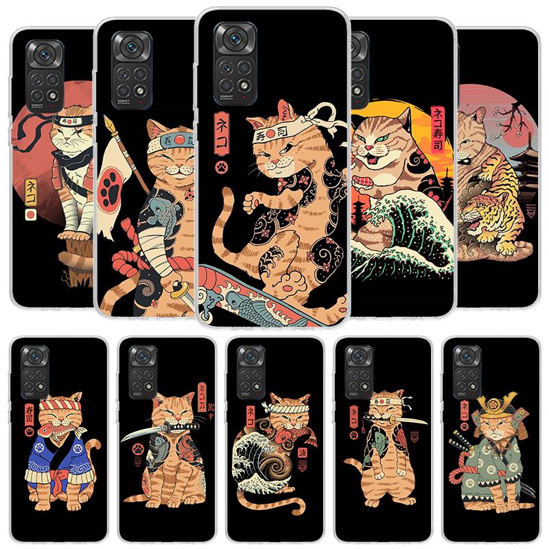 Ramen Sushi Samurai Tattoo Cat Cover Phone Case For Xiaomi Redmi Note 15 14 13 12 11 10 Pro Plus 14S 12S 11S 11T 11E 10S Soft Fu